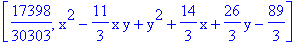 [17398/30303, x^2-11/3*x*y+y^2+14/3*x+26/3*y-89/3]